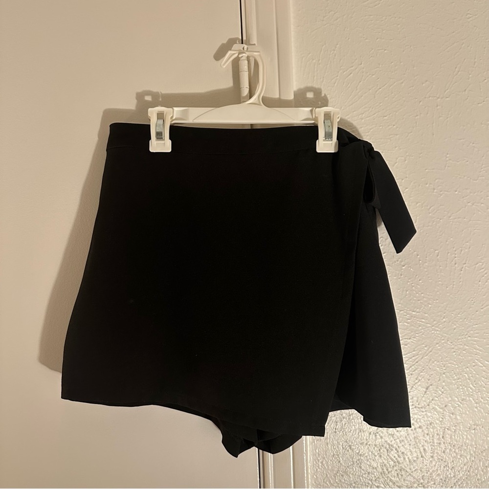 Black Wrap Skort with Side Tie - Women Skirts
